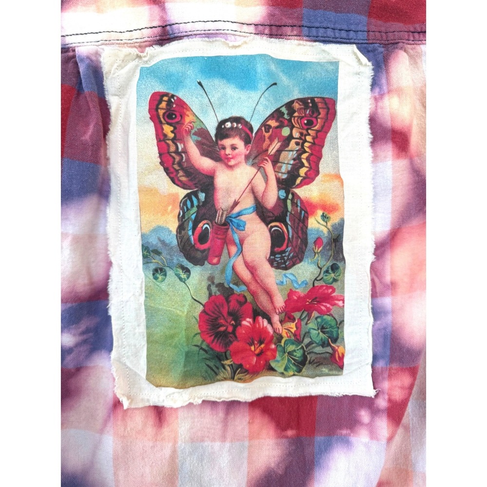 Upcycled Flannel Butterfly Cherub Patch Shirt Boho Folk Art Small